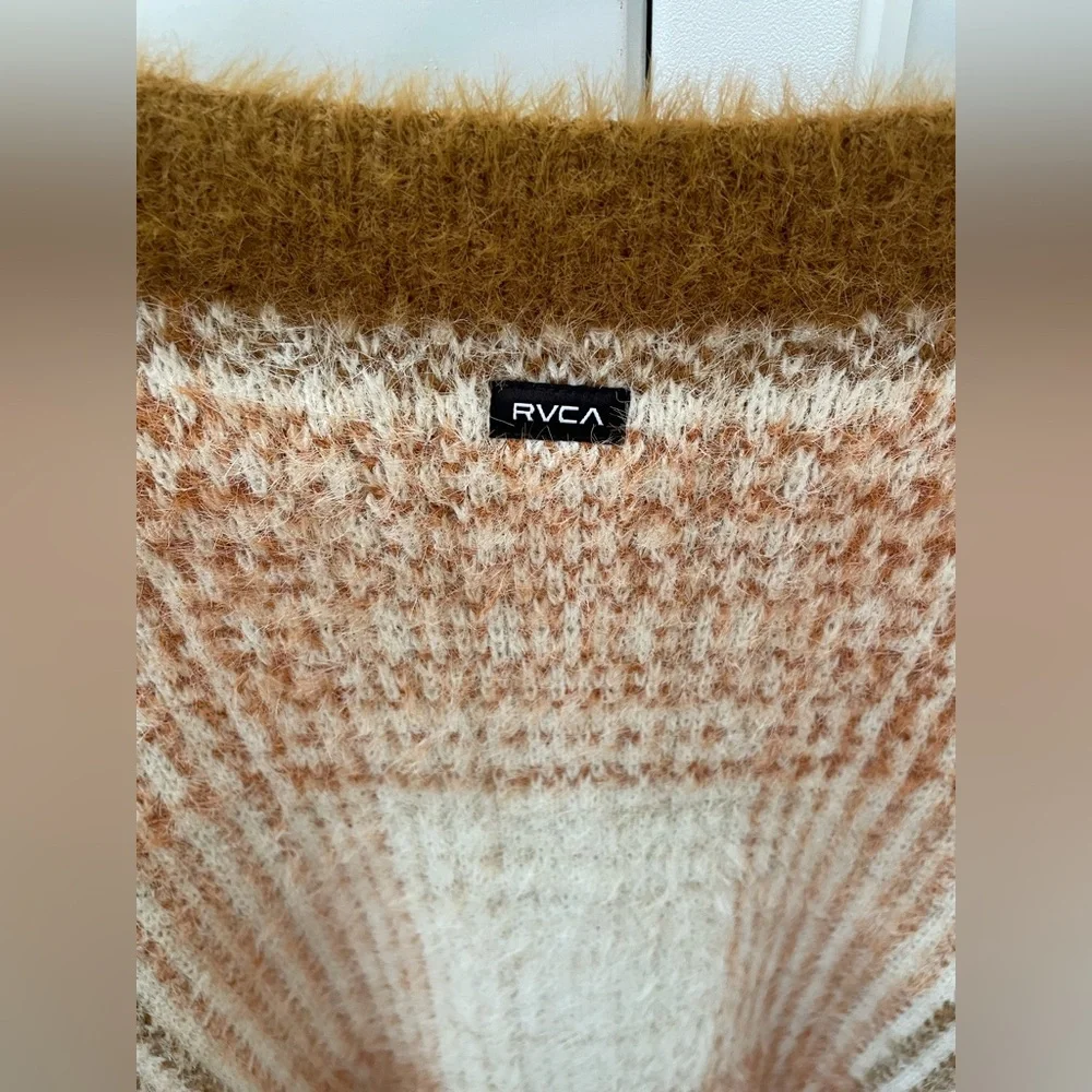 RVCA rare plaid v-neck cardigan women’s medium sweater brown tan cream unisex - Picture 5 of 10